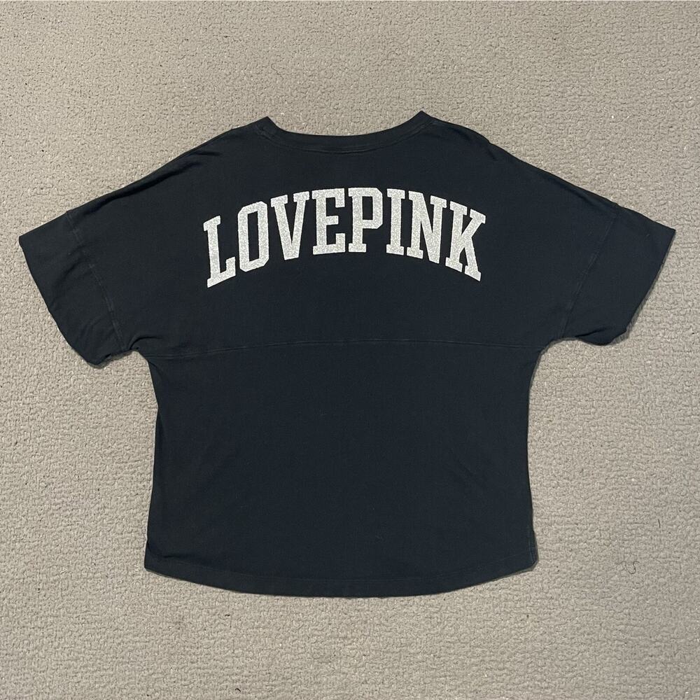 Pink Shirt L Black Love Pink Glitter Spellout Long Sleeve Spirit Pullover